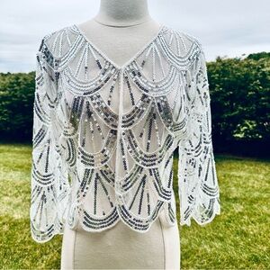 Vintage White and Silver Sequin Capelet